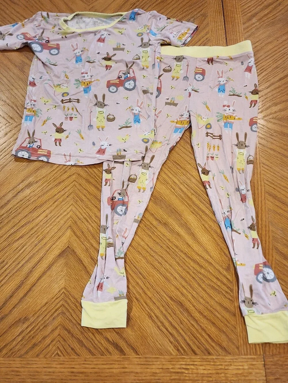 Little Sleepies Pink Bunny Garden Short Sleeve Pajama Set with Yellow Trim, 4t
